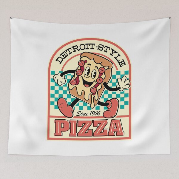 Item preview, Detroit-Style Pizza Est.1946 smiling retro cartoon square pizza with arms and legs logo style  designed and sold by Jdawnink.