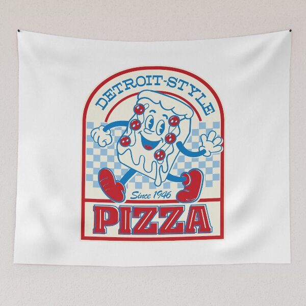 Item preview, Detroit-Style Pizza Est.1946 smiling retro cartoon square pizza with arms and legs logo style  designed and sold by Jdawnink.