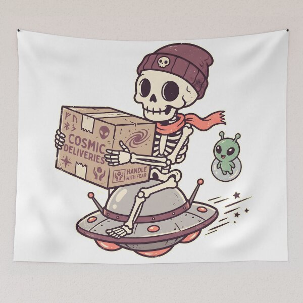 Item preview, Skeleton Riding UFO Flying Saucer Delivering Cosmic Deliveries designed and sold by MisteryDesigner.