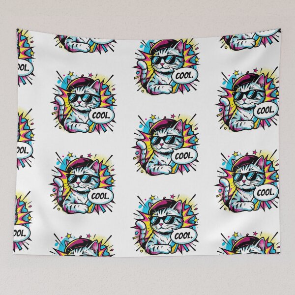 Artikelvorschau, Retro-Pop-Art-Cool-Cat mit Baskenmütze und Sonnenbrille – Comic-Explosion entworfen und verkauft von MoonlitDoodles1.