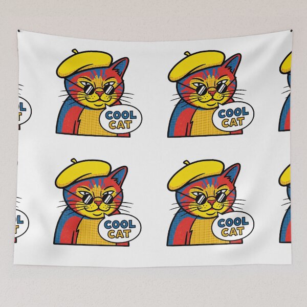 Aperçu de l'œuvre Chat cool vintage pop art avec béret jaune et lunettes de soleil rondes créée et vendue par MoonlitDoodles1.