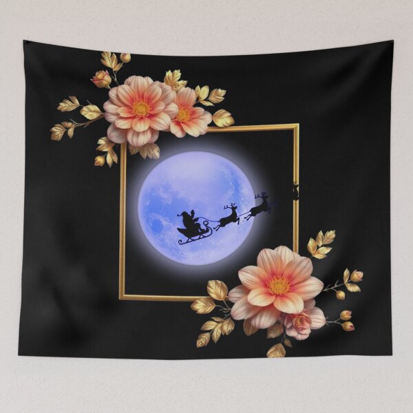 Item preview, Vintage Christmas Floral Frame with Santa Sleigh and Blue Full Moon designed and sold by Dream Weave Studio.