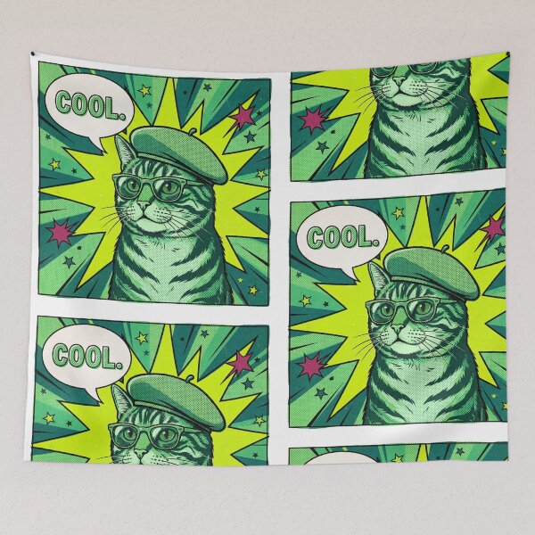 Item preview, Green Pop Art Cat with Glasses and Beret Retro Comic Book designed and sold by MoonlitDoodles1.