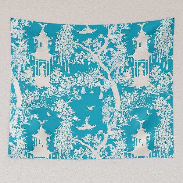 Item preview, Grandmillennial art, chinoiserie garden in white and turquoise designed and sold by SophieClimaArt.
