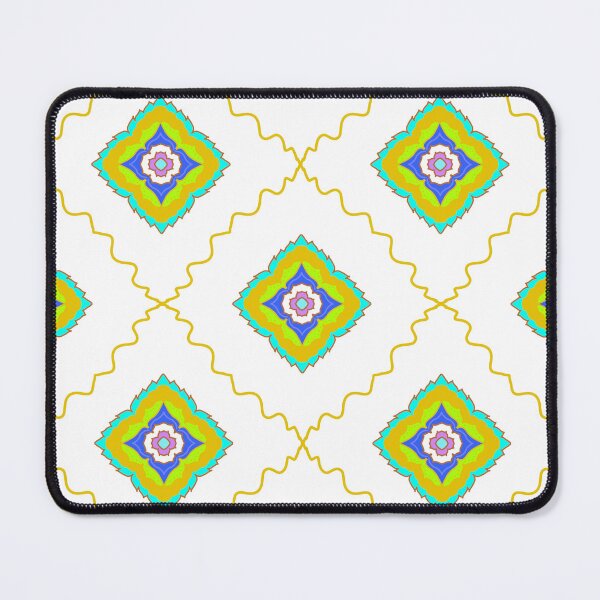 Item preview, Geometric seamless pattern featuring colorful abstract mandala shapes and yellow wavy grid lines. Bohemian style vector background. designed and sold by AjjimaJKM.