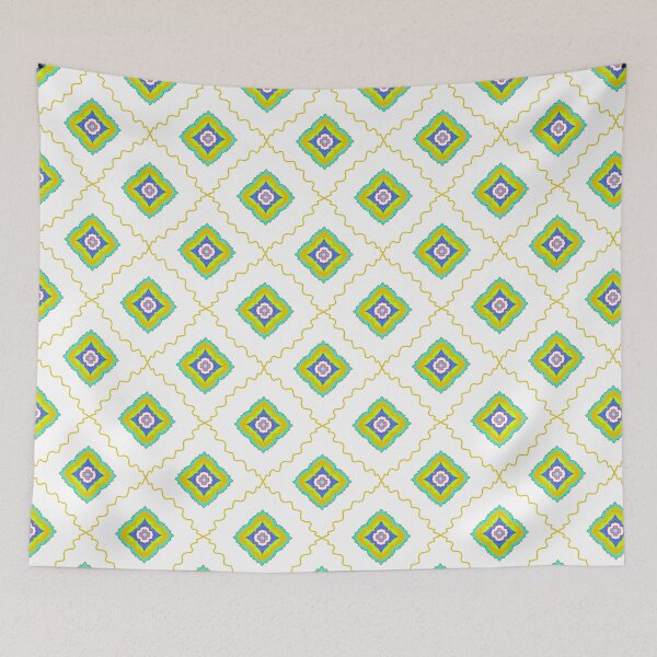Item preview, Geometric seamless pattern featuring colorful abstract mandala shapes and yellow wavy grid lines. Bohemian style vector background. designed and sold by AjjimaJKM.