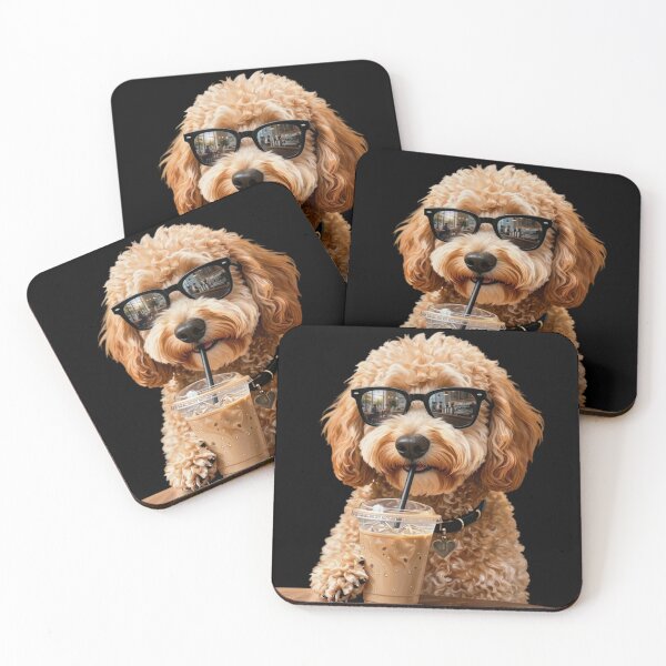 Item preview, Funny Goldendoodle Drinking Iced Coffee Dog With Sunglasses designed and sold by Dabbing Turtle Designs.