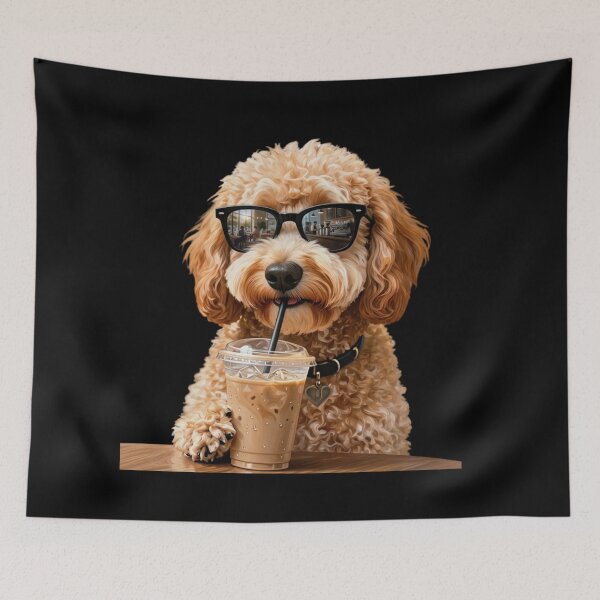 Item preview, Funny Goldendoodle Drinking Iced Coffee Dog With Sunglasses designed and sold by Dabbing Turtle Designs.