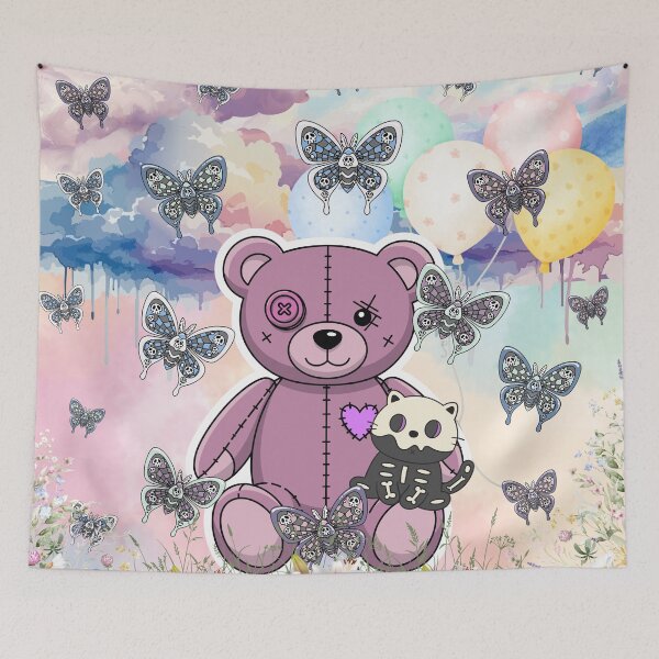 Item preview, Creepy Cute Pastel Goth Teddy Bear & Skeleton Kitten Dreamscape designed and sold by Side By Side Studio.