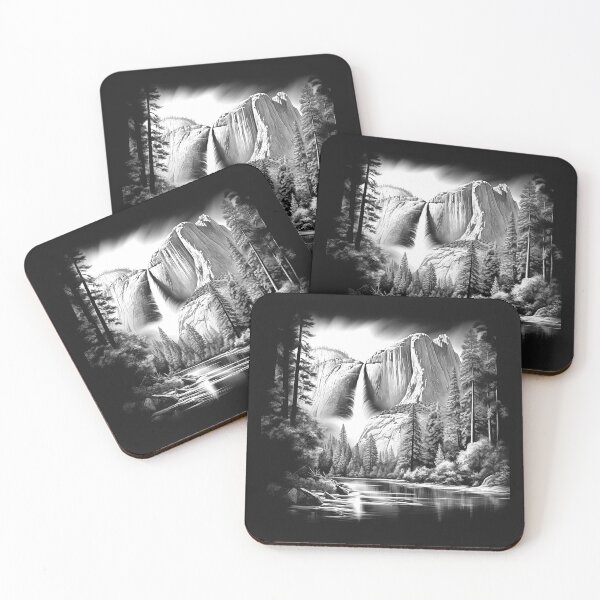 Item preview, Black and White Yosemite Waterfall Mountain Landscape designed and sold by inkoutninja.