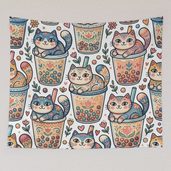 Item preview, Cute Cats in Bubble Tea Pattern designed and sold by Iampoji.