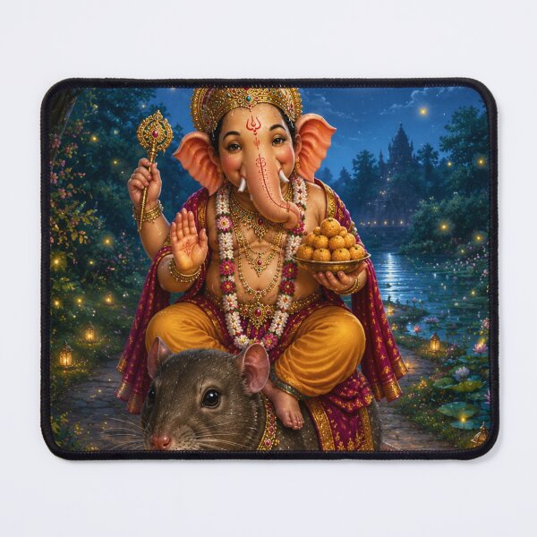 Item preview, The Divine Ride – Lord Ganesha Riding Mushika Under the Moon | Hindu Mythology AI Art Print designed and sold by Homyar.