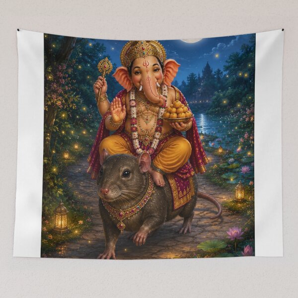 Item preview, The Divine Ride – Lord Ganesha Riding Mushika Under the Moon | Hindu Mythology AI Art Print designed and sold by Homyar.