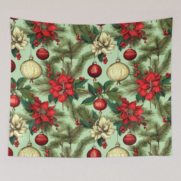 Item preview, Vintage Christmas Poinsettias And Antique Xmas Ornaments Pattern designed and sold by DEC02.