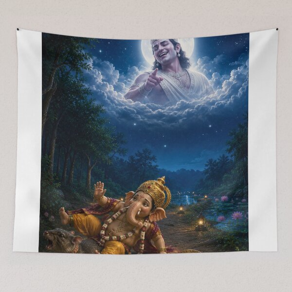 Item preview, The Pride of the Moon – Chandra Deva Laughs at Lord Ganesha | Hindu Mythology Art Print designed and sold by Homyar.