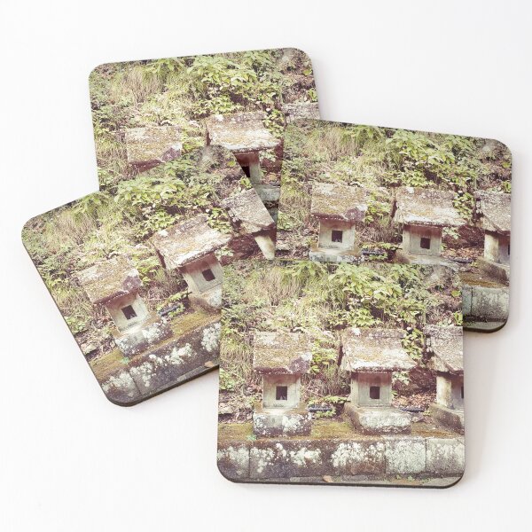 Item preview, Mossy Stone Lanterns Poster - Ancient Japanese Shrine in Forest, Wabi Sabi Photography Print designed and sold by Wa-iro Studio.