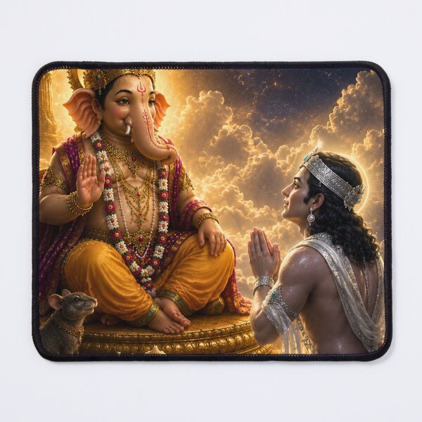 Item preview, The Moon's Repentance – Chandra Deva Seeks Lord Ganesha's Forgiveness | Hindu Mythology Art Print designed and sold by Homyar.