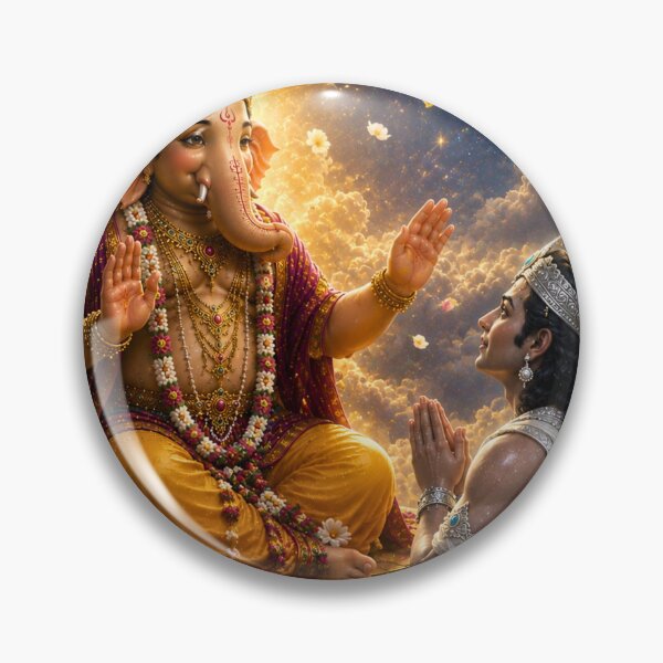 Item preview, The Blessing of Mercy – Lord Ganesha Forgives Chandra Deva | Hindu Mythology Art Print designed and sold by Homyar.