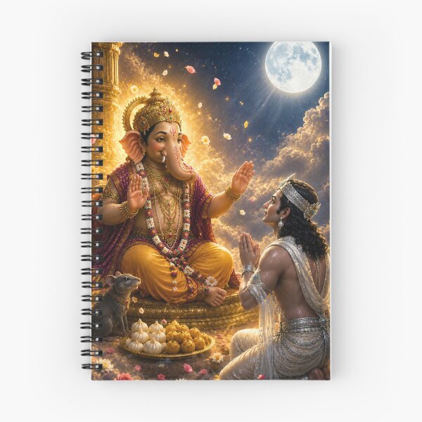 Item preview, The Blessing of Mercy – Lord Ganesha Forgives Chandra Deva | Hindu Mythology Art Print designed and sold by Homyar.