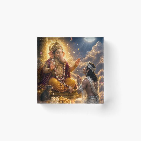 Item preview, The Blessing of Mercy – Lord Ganesha Forgives Chandra Deva | Hindu Mythology Art Print designed and sold by Homyar.