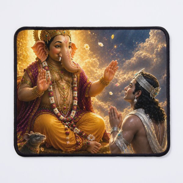 Item preview, The Blessing of Mercy – Lord Ganesha Forgives Chandra Deva | Hindu Mythology Art Print designed and sold by Homyar.