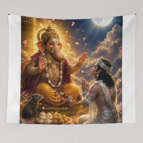 Item preview, The Blessing of Mercy – Lord Ganesha Forgives Chandra Deva | Hindu Mythology Art Print designed and sold by Homyar.