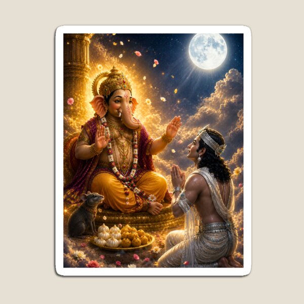 Item preview, The Blessing of Mercy – Lord Ganesha Forgives Chandra Deva | Hindu Mythology Art Print designed and sold by Homyar.