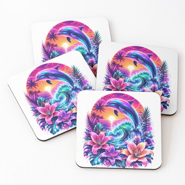 Item preview, Neon Dolphin Tropical Sunset Floral Illustration designed and sold by LunaPixelStudio.