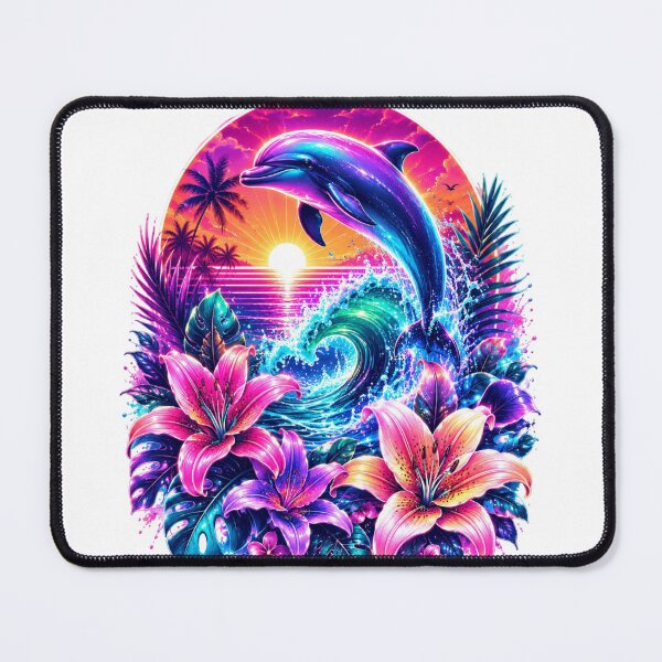 Item preview, Neon Dolphin Tropical Sunset Floral Illustration designed and sold by LunaPixelStudio.
