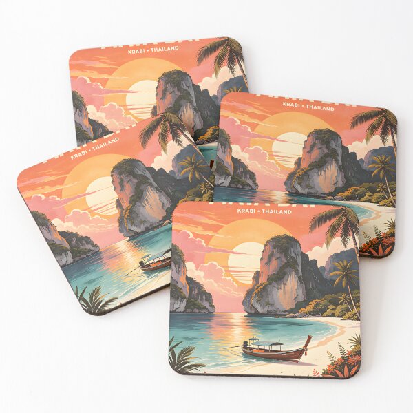 Item preview, Maya Bay Thailand Vintage Travel Poster with Tropical Sunset Illustration designed and sold by Spirit of Siam.