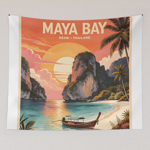 Item preview, Maya Bay Thailand Vintage Travel Poster with Tropical Sunset Illustration designed and sold by Spirit of Siam.