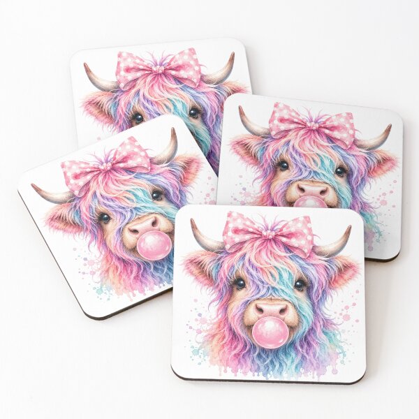 Item preview, Rainbow Highland Cow Blowing Bubblegum Illustration designed and sold by LunaPixelStudio.