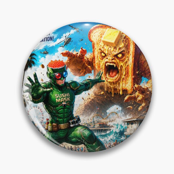 Item preview, SUSHI MASK vs Butter Toast Monster Retro Kaiju Movie Poster designed and sold by Japan Cyberpunk Universe & Surreal Characters.