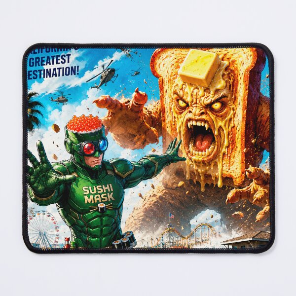 Item preview, SUSHI MASK vs Butter Toast Monster Retro Kaiju Movie Poster designed and sold by Japan Cyberpunk Universe & Surreal Characters.