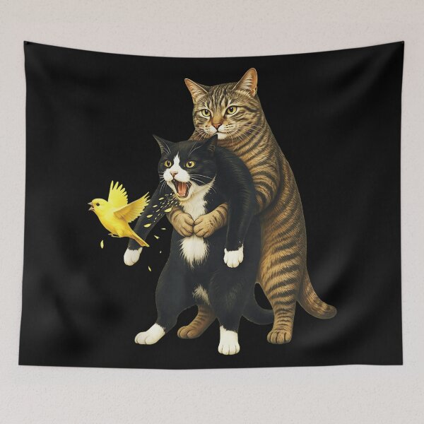 Item preview, Funny Cat Performing Heimlich Maneuver On Choking Friend With Canary Bird designed and sold by YubitaLeLe.