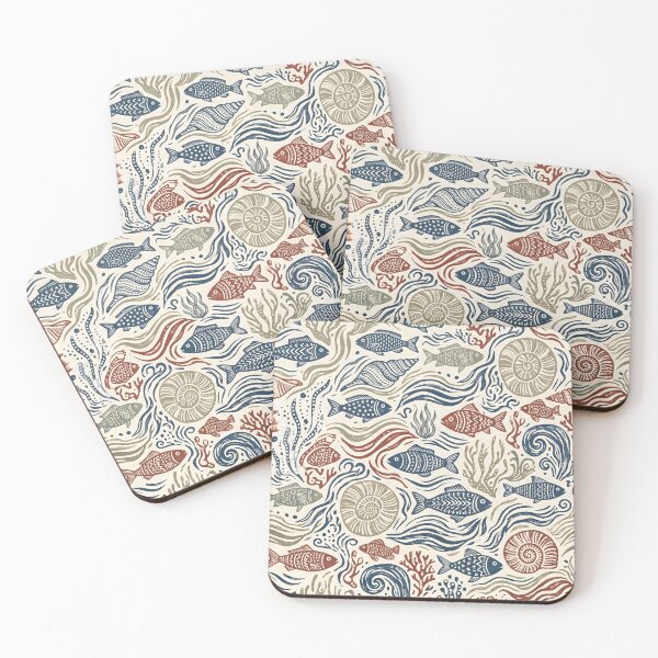 Item preview, Coastal Marine Life Folk Art Seamless Pattern designed and sold by SplashTastic.