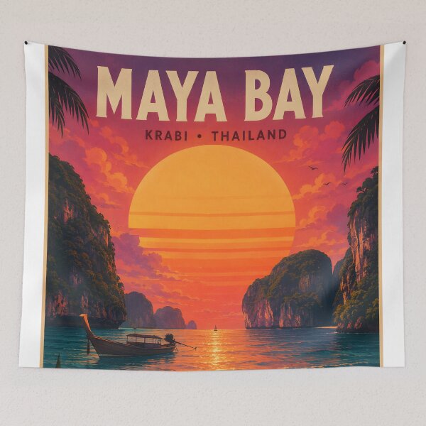 Item preview, Maya Bay Thailand Vintage Travel Poster with Tropical Sunset Illustration  Description designed and sold by Spirit of Siam.