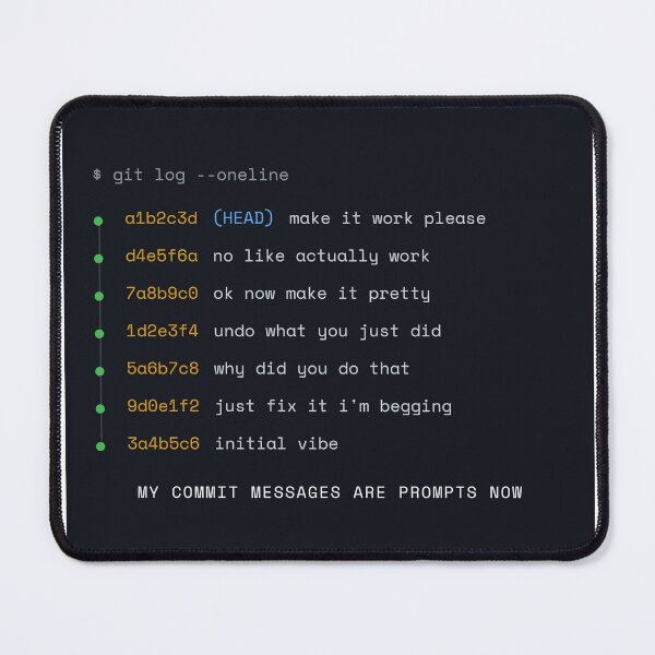 Item preview, My Commit Messages Are Prompts Now — Funny Git Log AI Vibe Coding Developer designed and sold by Studio Deadpan.
