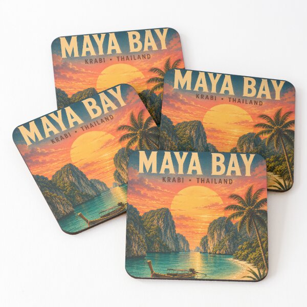 Item preview, Maya Bay Thailand Vintage Travel Poster with Tropical Sunset Illustration designed and sold by Spirit of Siam.