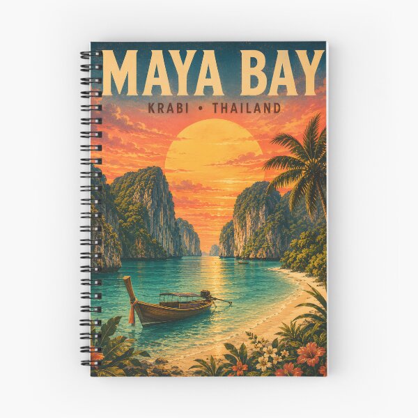 Item preview, Maya Bay Thailand Vintage Travel Poster with Tropical Sunset Illustration designed and sold by Spirit of Siam.