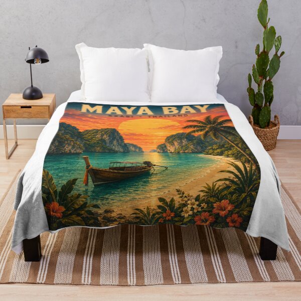 Item preview, Maya Bay Thailand Vintage Travel Poster with Tropical Sunset Illustration designed and sold by Spirit of Siam.