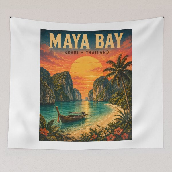 Item preview, Maya Bay Thailand Vintage Travel Poster with Tropical Sunset Illustration designed and sold by Spirit of Siam.