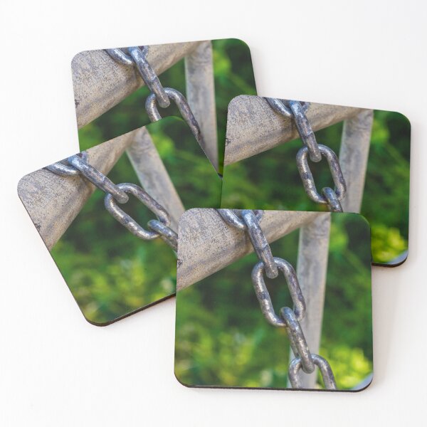 Item preview, Weathered Metal Chain Links Hanging From Gate Rail With Rusted Texture And Green Background designed and sold by Nmallia.