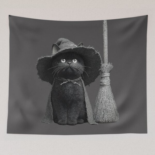 Item preview, Vintage Black Cat Witch with Broom Sketch designed and sold by colorful-white.