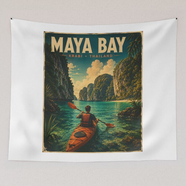 Item preview, Maya Bay Thailand Vintage Travel Poster with Tropical Sunset Illustration designed and sold by Spirit of Siam.