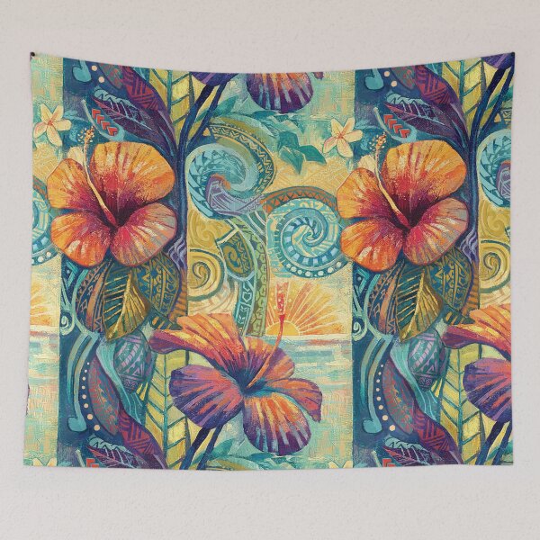 Item preview, Hawaiian Sunset Hibiscus Art - Tropical Tribal Fine Art designed and sold by sunnthreads.