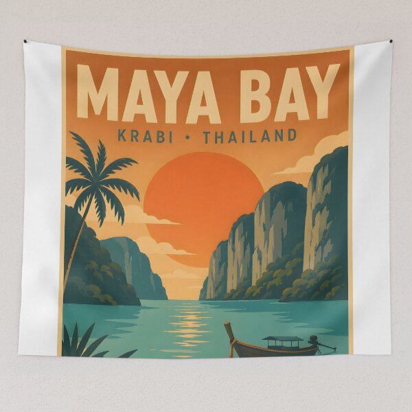 Item preview, Maya Bay Thailand Vintage Travel Poster with Tropical Sunset Illustration designed and sold by Spirit of Siam.