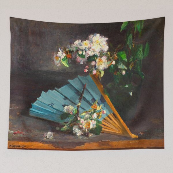 Item preview, Blue fan by a green jug with a flowering apple branch by Bertha Wegmann (c.1870)// Public Domain designed and sold by Vernissage-dart.