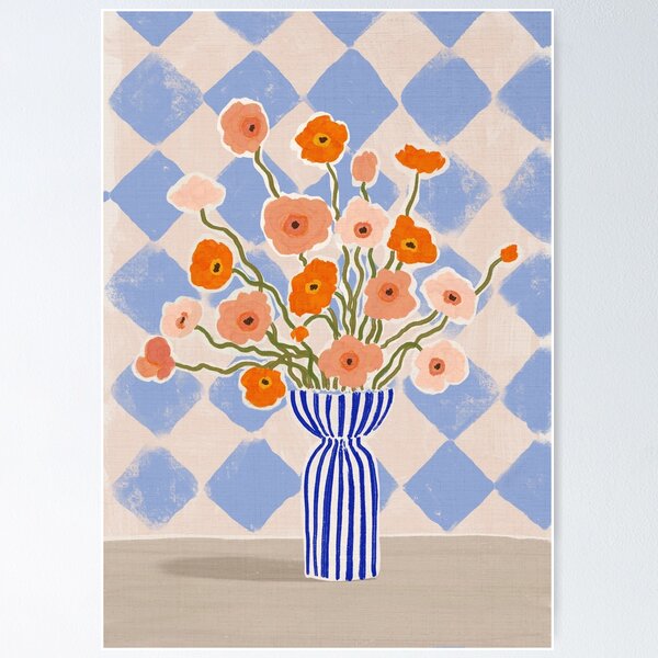 Aperçu de l'œuvre Coquelicots colorés aux allures de tableaux dans un vase moderne à rayures créée et vendue par Helia Bloom.