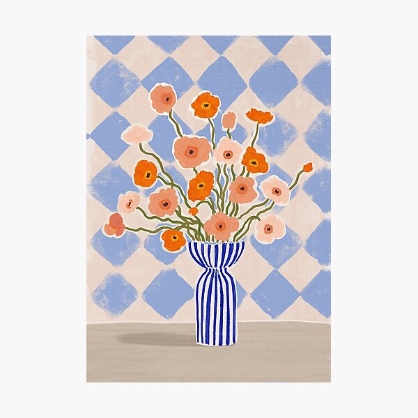 Item preview, Colorful Painterly Poppies in a striped modern vase designed and sold by Helia Bloom.
